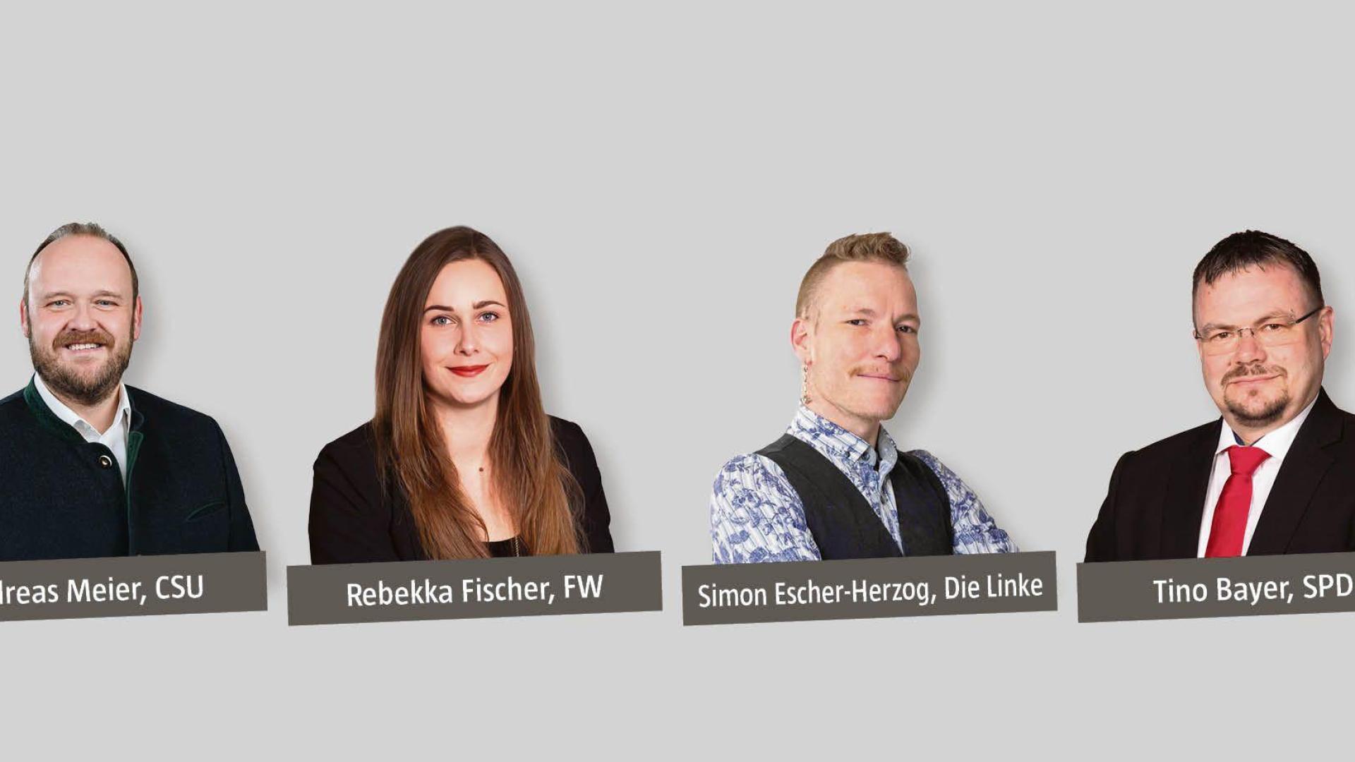 Diese vier Kandidat*innen treten zur Wahl an.  (Grafik: Oberpfalz-Medien – Bilder (von links): CSU Kreisverband Neustadt, Sandra Dobmeier/Fotostudio FotoGen, Die Linke, Photo Hübner Neustadt/WN)