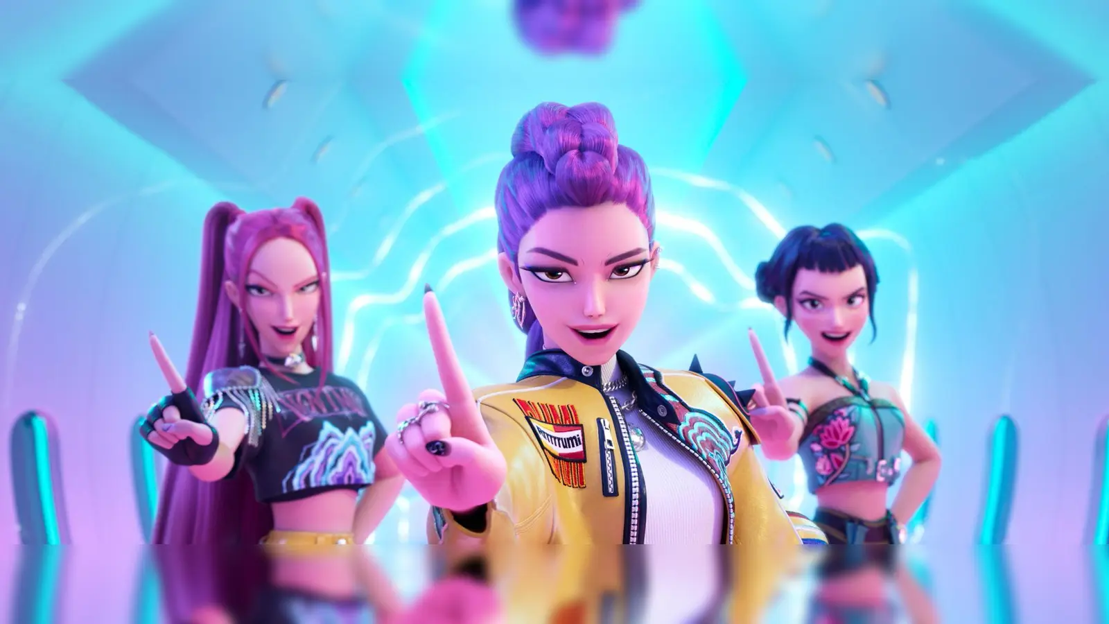 Mira (Stimme von May Hong, l-r), Rumi (Stimme von Arden Cho) und Zoey (Stimme von Ji-Young Yoo) - eine Szene aus „KPop Demon Hunters“ (undatiert).  (Bild: -/©2025 Netflix/dpa)