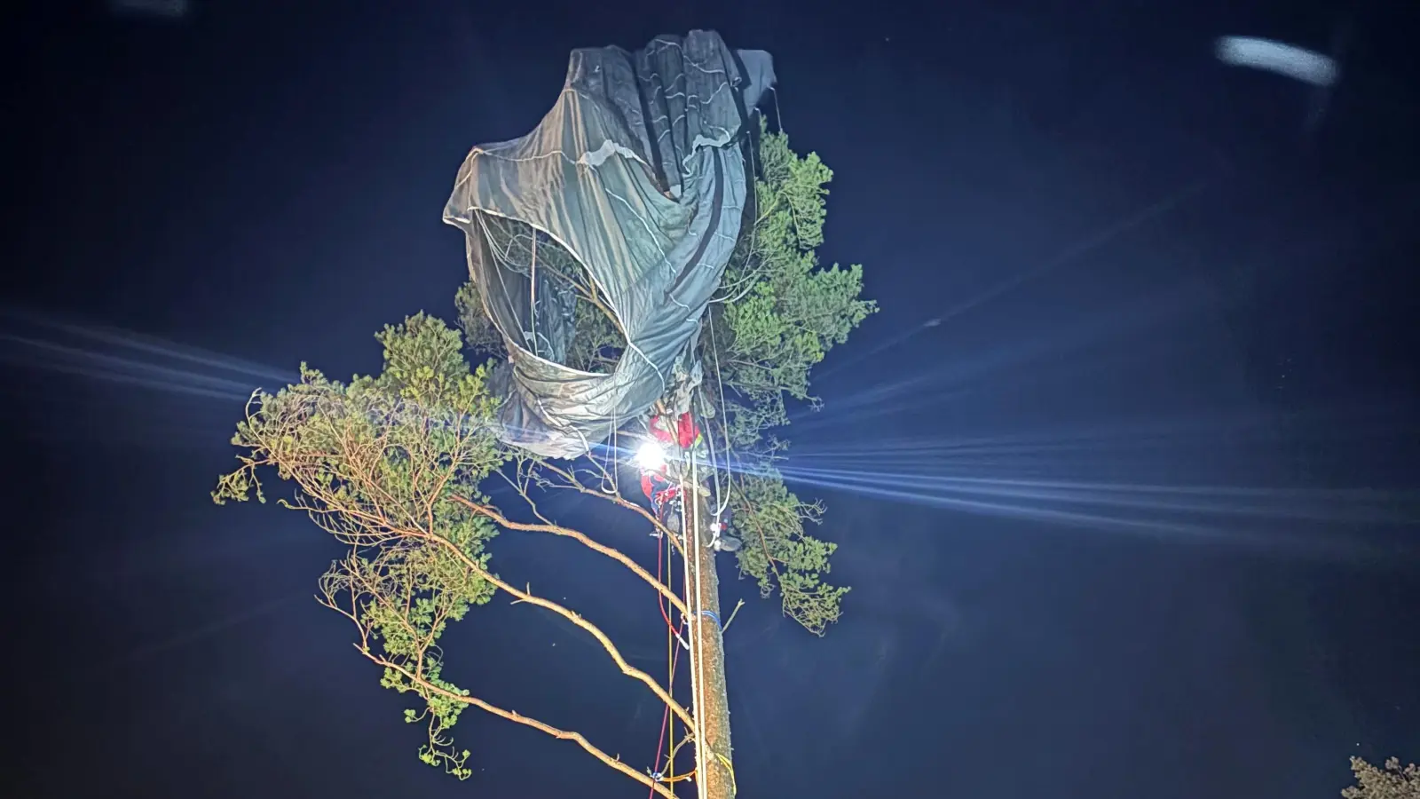 Die Bergwacht Weiden musste am Donnerstagabend auf dem Gelände des Truppenübungsplatzes Grafenwöhr einen Fallschirmspringer retten, der sich in der Krone einer Kiefer verheddert hatte. (Bild: Bergwacht Weiden/exb)