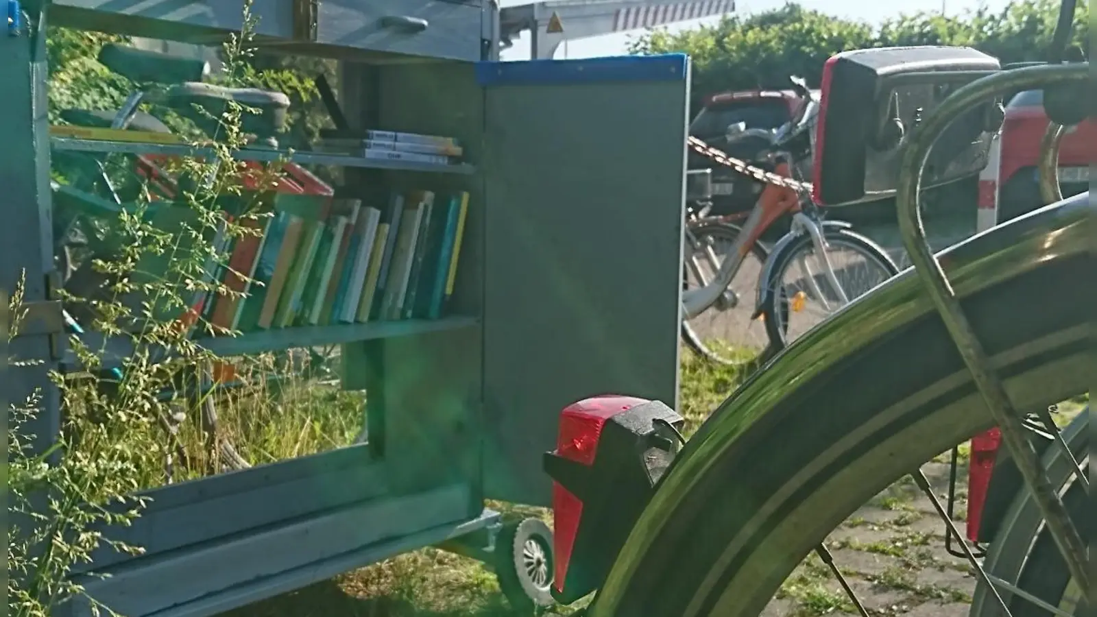 Einen öffentlichen Bücherschrank in Form eines Fahrradanhängers gibt es jetzt bei den Fahrradstellplätzen am Weidener Bahnhof. (Bild: Anya Rüger)